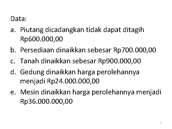 Data: a. Piutang dicadangkan tidak dapat ditagih Rp 600. 000, 00 b. Persediaan dinaikkan