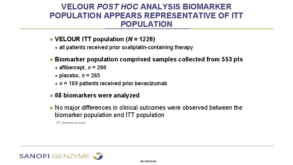 VELOUR POST HOC ANALYSIS BIOMARKER POPULATION APPEARS REPRESENTATIVE OF ITT POPULATION ● VELOUR ITT