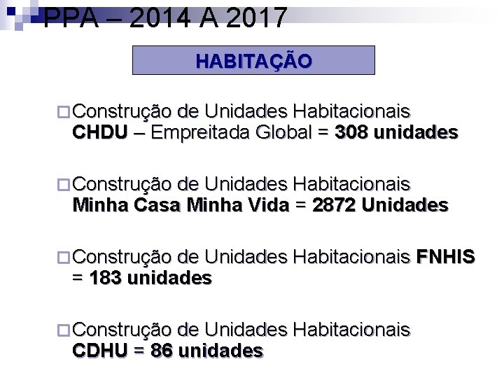PPA – 2014 A 2017 HABITAÇÃO ¨ Construção de Unidades Habitacionais CHDU – Empreitada