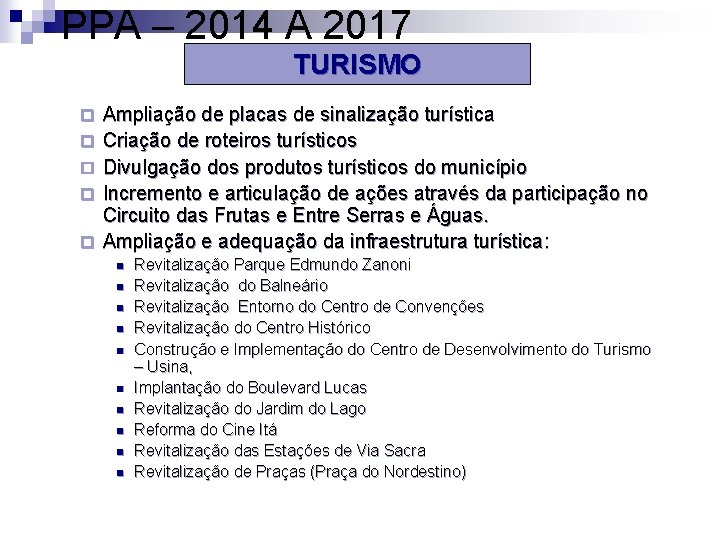 PPA – 2014 A 2017 TURISMO ¨ ¨ ¨ Ampliação de placas de sinalização