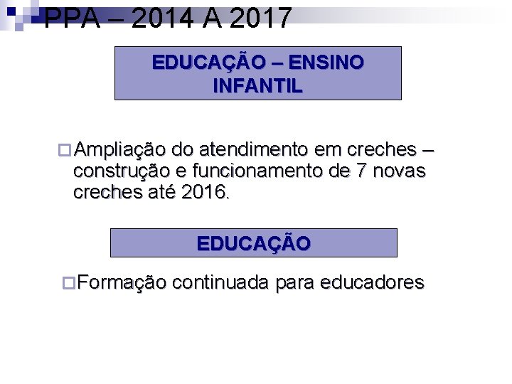 PPA – 2014 A 2017 EDUCAÇÃO – ENSINO INFANTIL ¨ Ampliação do atendimento em