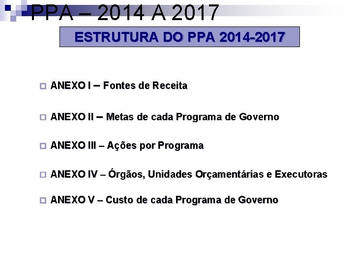 PPA – 2014 A 2017 ESTRUTURA DO PPA 2014 -2017 ¨ ANEXO I –