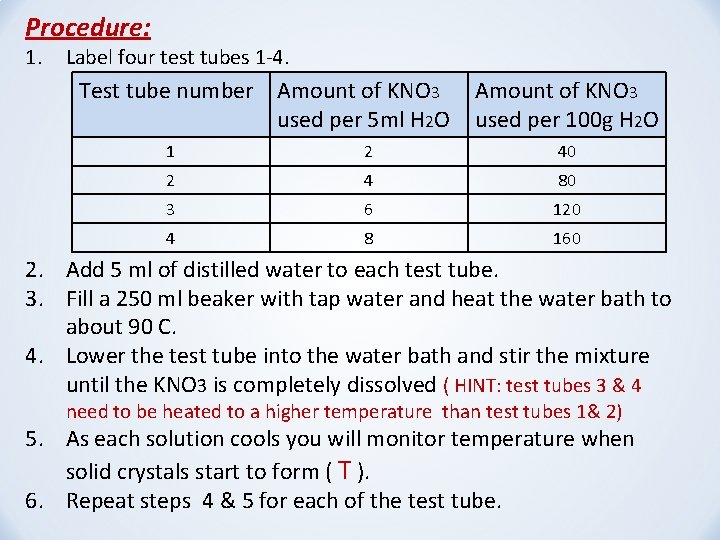 Procedure: 1. Label four test tubes 1 -4. Test tube number Amount of KNO
