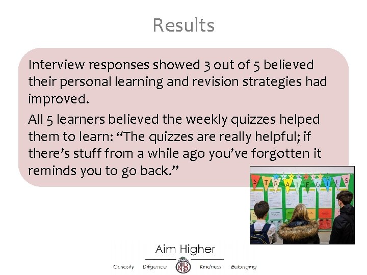 Results Interview responses showed 3 out of 5 believed their personal learning and revision