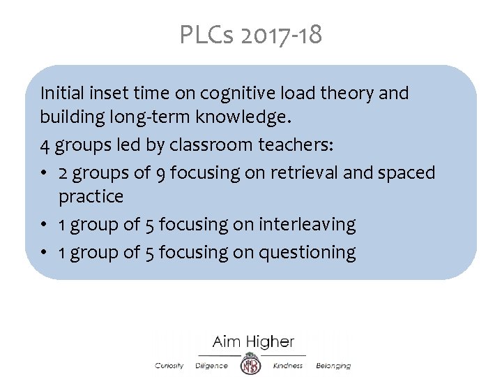 PLCs 2017 -18 Initial inset time on cognitive load theory and building long-term knowledge.