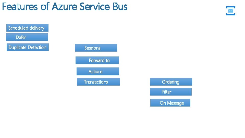Features of Azure Service Bus Scheduled delivery Defer Duplicate Detection Sessions Forward to Actions