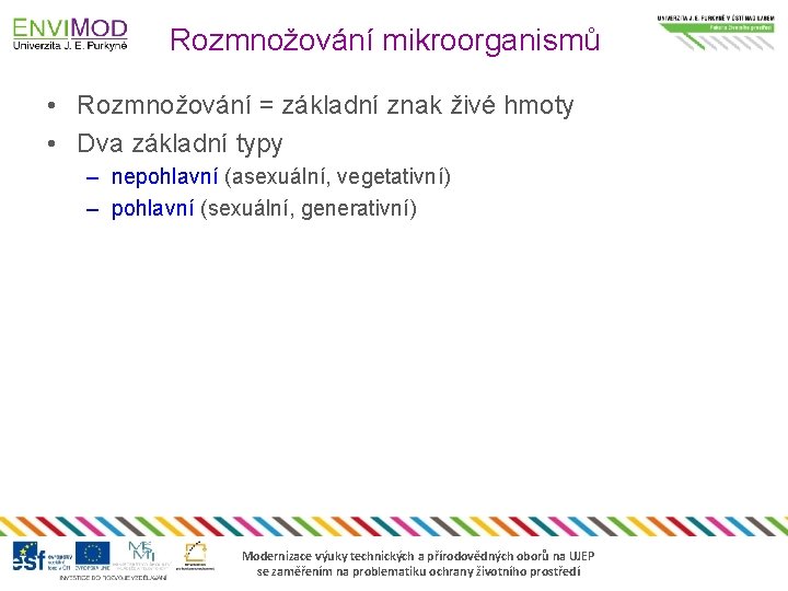 Rozmnožování mikroorganismů • Rozmnožování = základní znak živé hmoty • Dva základní typy –