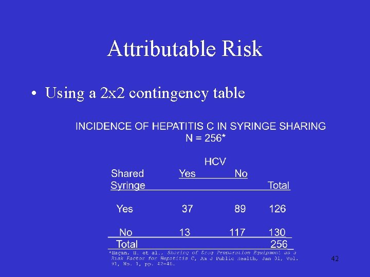 Attributable Risk • Using a 2 x 2 contingency table 42 Attributable Risk • Using a 2 x 2 contingency table 42