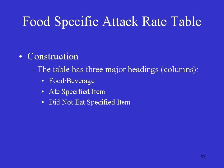 Food Specific Attack Rate Table • Construction – The table has three major headings Food Specific Attack Rate Table • Construction – The table has three major headings