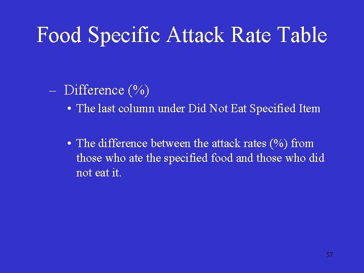 Food Specific Attack Rate Table – Difference (%) • The last column under Did