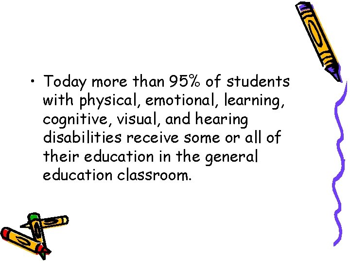  • Today more than 95% of students with physical, emotional, learning, cognitive, visual,