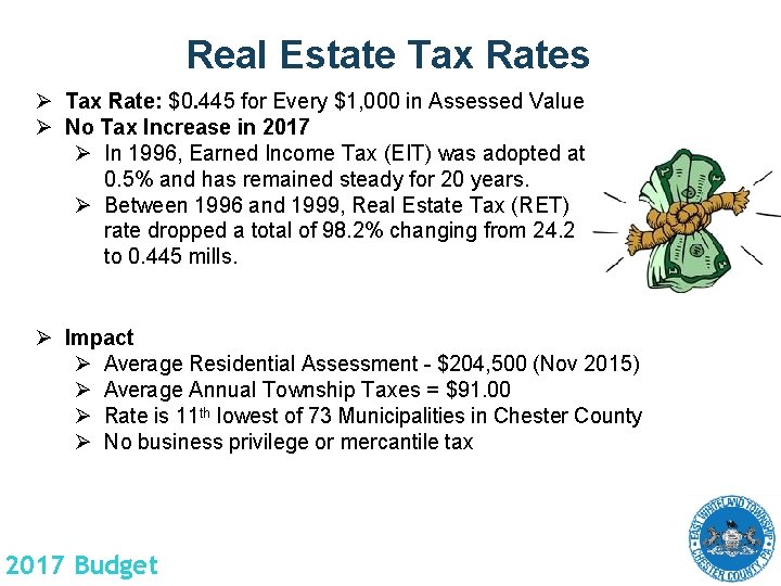 Real Estate Tax Rates Ø Tax Rate: $0. 445 for Every $1, 000 in