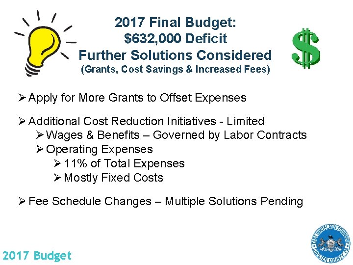 2017 Final Budget: $632, 000 Deficit Further Solutions Considered (Grants, Cost Savings & Increased