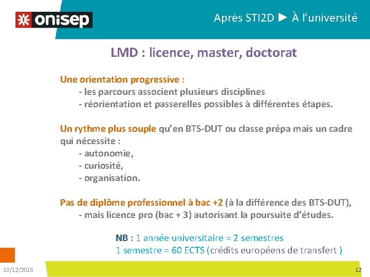 Après STI 2 D ► À l’université LMD : licence, master, doctorat Une orientation