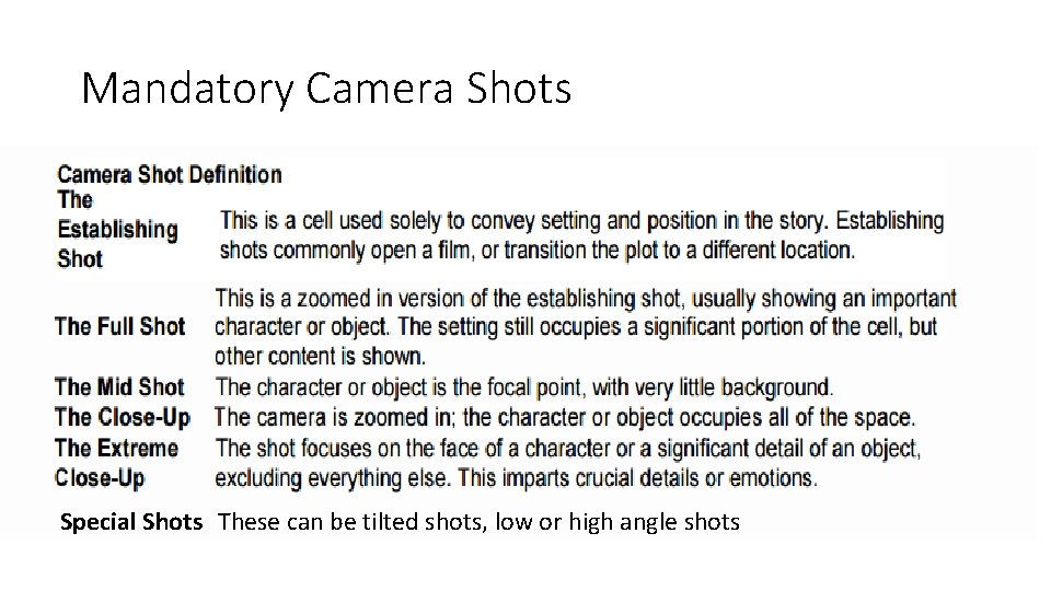 Mandatory Camera Shots Special Shots These can be tilted shots, low or high angle
