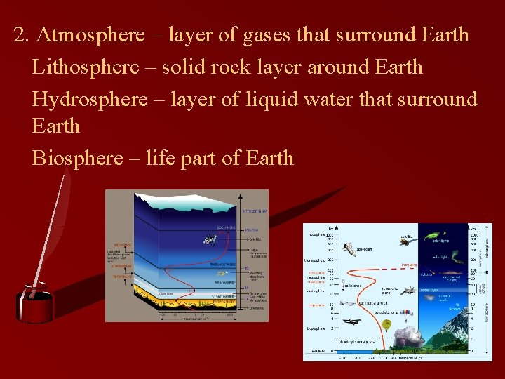 2. Atmosphere – layer of gases that surround Earth Lithosphere – solid rock layer