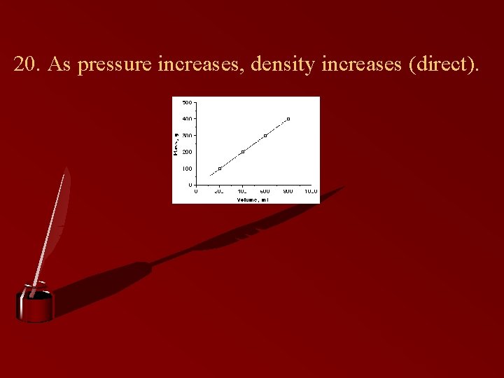 20. As pressure increases, density increases (direct). 20. As pressure increases, density increases (direct).