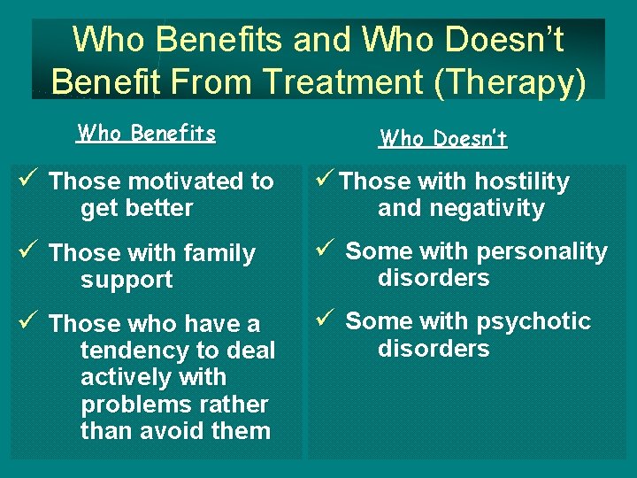 Who Benefits and Who Doesn’t Benefit From Treatment (Therapy) Who Benefits Who Doesn’t ü