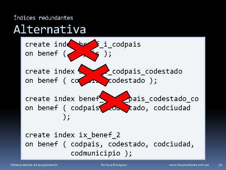 Índices redundantes Alternativa create index benef_i_codpais on benef ( codpais ); create index benef_i_codpais_codestado
