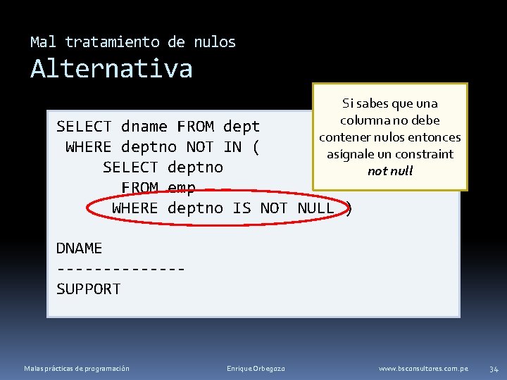 Mal tratamiento de nulos Alternativa Si sabes que una columna no debe contener nulos