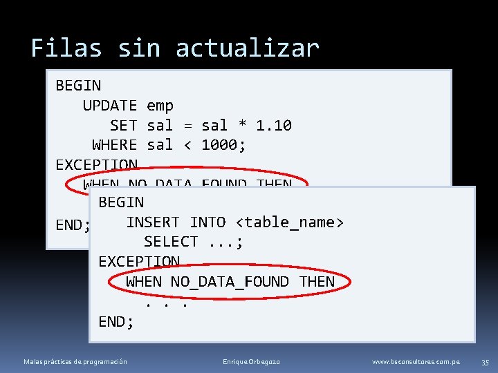 Filas sin actualizar BEGIN UPDATE emp SET sal = sal * 1. 10 WHERE