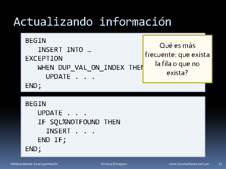 Actualizando información BEGIN Qué es más INSERT INTO … frecuente: que exista EXCEPTION la