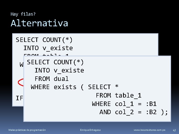 Hay filas? Alternativa SELECT COUNT(*) INTO v_existe FROM table_1 SELECT COUNT(*) WHERE col_1 =