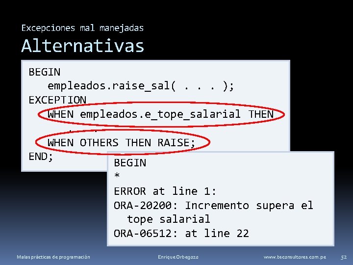 Excepciones mal manejadas Alternativas BEGIN empleados. raise_sal(. . . ); EXCEPTION WHEN empleados. e_tope_salarial