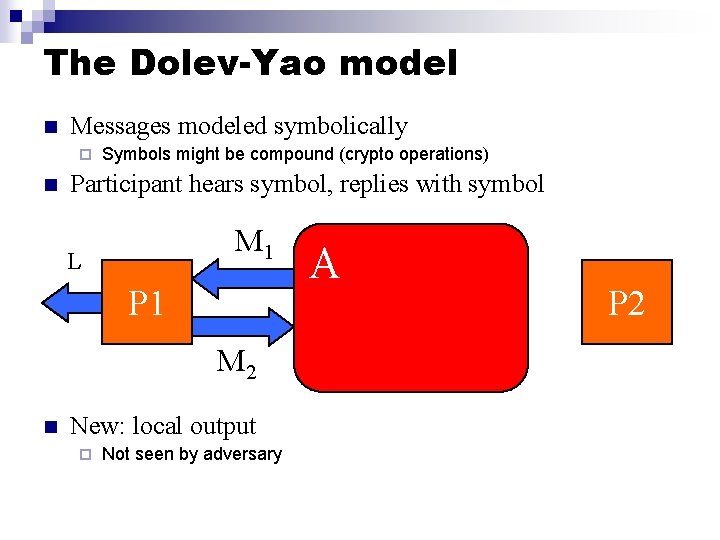 The Dolev-Yao model n Messages modeled symbolically ¨ n Symbols might be compound (crypto
