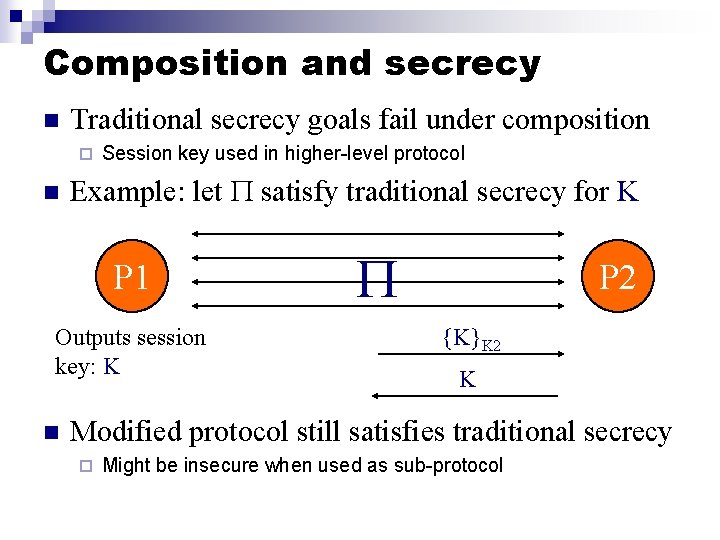 Composition and secrecy n Traditional secrecy goals fail under composition ¨ n Session key