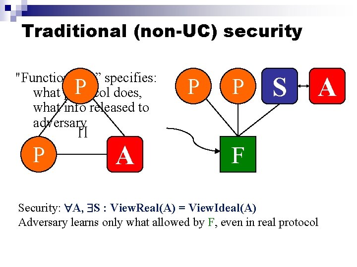 Traditional (non-UC) security "Functionality” specifies: P does, what protocol what info released to adversary