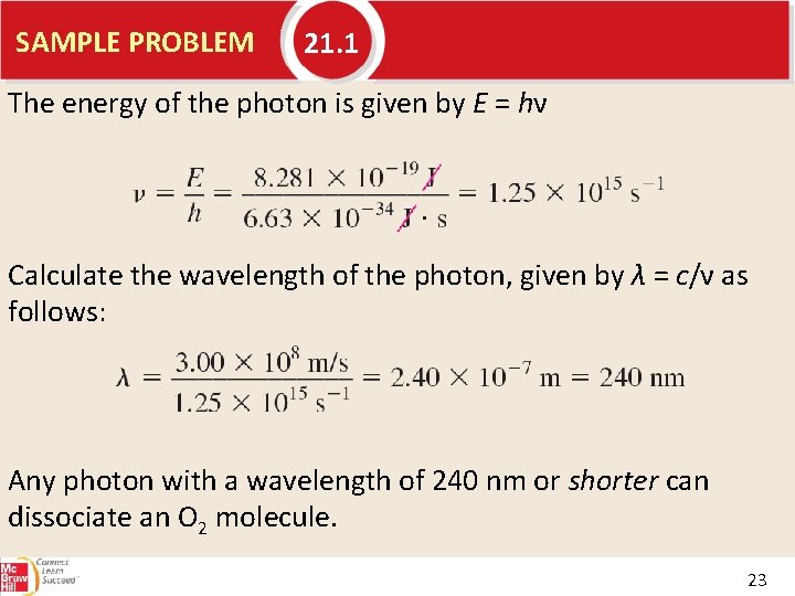 SAMPLE PROBLEM 21. 1 The energy of the photon is given by E =