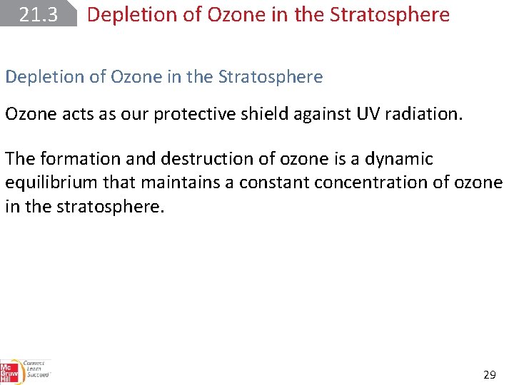 21. 3 Depletion of Ozone in the Stratosphere Ozone acts as our protective shield