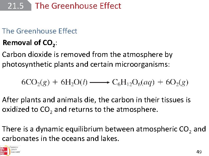 21. 5 The Greenhouse Effect Removal of CO 2: Carbon dioxide is removed from