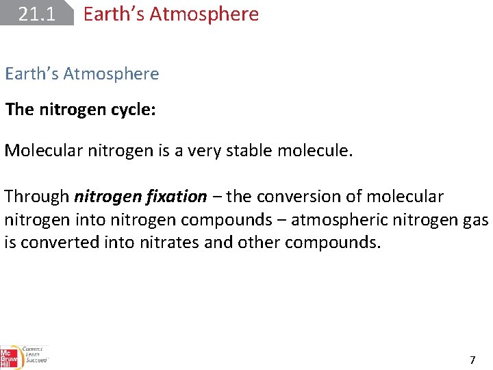21. 1 Earth’s Atmosphere The nitrogen cycle: Molecular nitrogen is a very stable molecule.