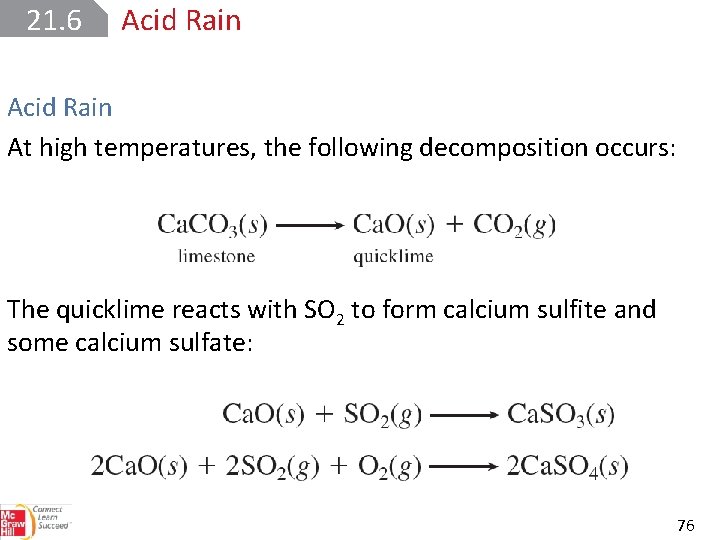 21. 6 Acid Rain At high temperatures, the following decomposition occurs: The quicklime reacts