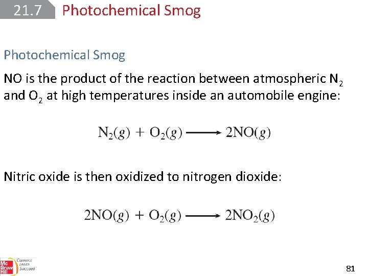 21. 7 Photochemical Smog NO is the product of the reaction between atmospheric N