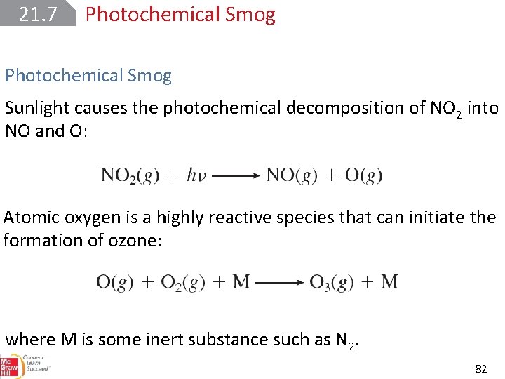 21. 7 Photochemical Smog Sunlight causes the photochemical decomposition of NO 2 into NO