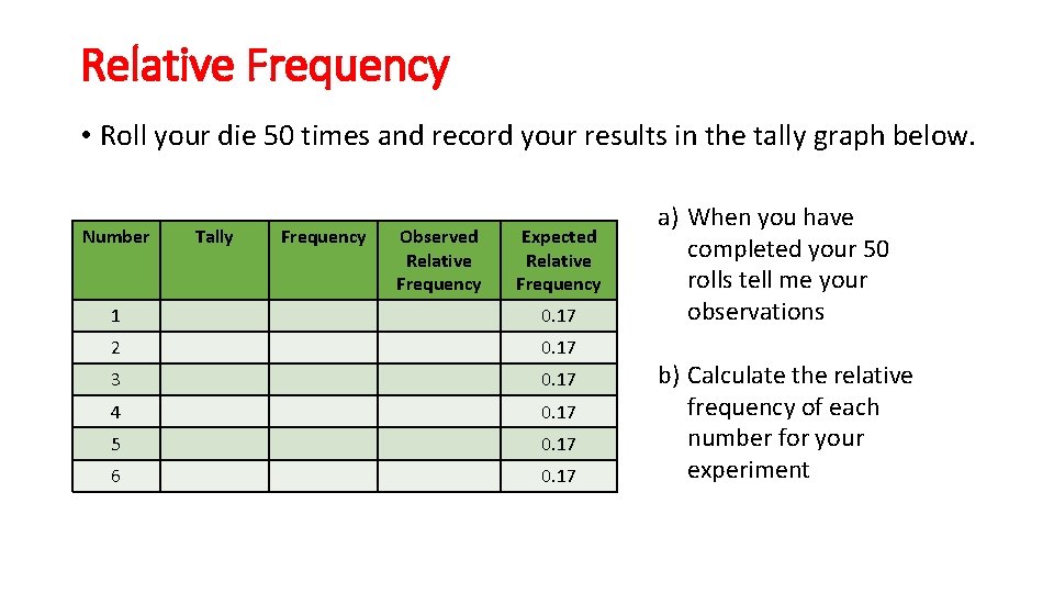 Relative Frequency • Roll your die 50 times and record your results in the