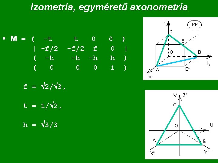 Izometria, egyméretű axonometria • M = ( -t | -f/2 ( -h ( 0