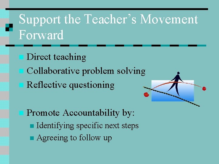 Support the Teacher’s Movement Forward Direct teaching n Collaborative problem solving n Reflective questioning