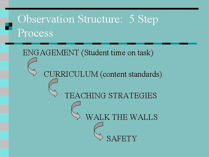 Observation Structure: 5 Step Process ENGAGEMENT (Student time on task) CURRICULUM (content standards) TEACHING