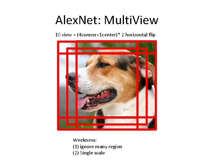 Alex. Net: Multi. View 10 view = (4 conner+1 center)* 2 horizontal flip Weekness: