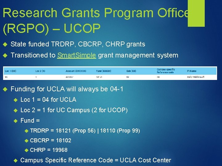Research Grants Program Office (RGPO) – UCOP State funded TRDRP, CBCRP, CHRP grants Transitioned