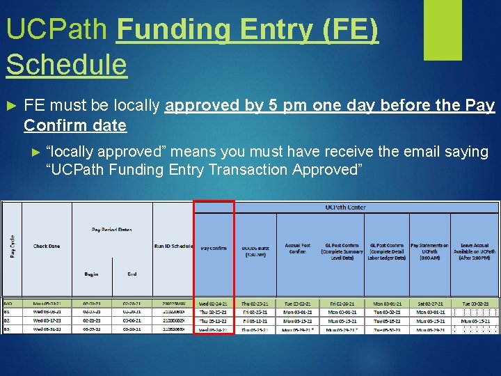 UCPath Funding Entry (FE) Schedule ► FE must be locally approved by 5 pm