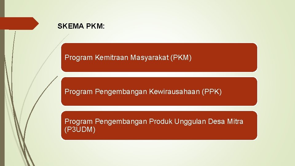 SKEMA PKM: Program Kemitraan Masyarakat (PKM) Program Pengembangan Kewirausahaan (PPK) Program Pengembangan Produk Unggulan