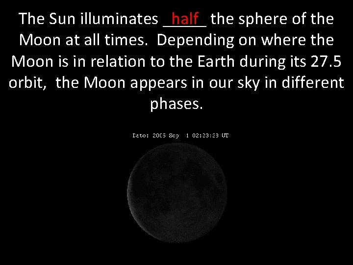 The Sun illuminates _____ half the sphere of the Moon at all times. Depending