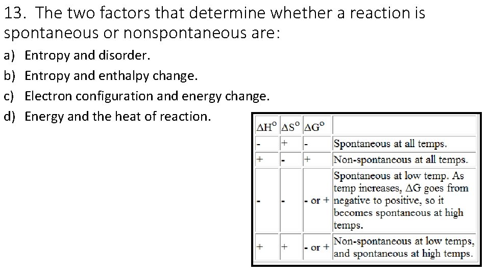 13. The two factors that determine whether a reaction is spontaneous or nonspontaneous are: