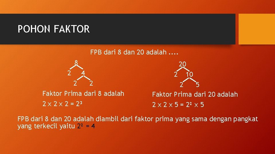 POHON FAKTOR FPB dari 8 dan 20 adalah. . 8 2 4 2 2