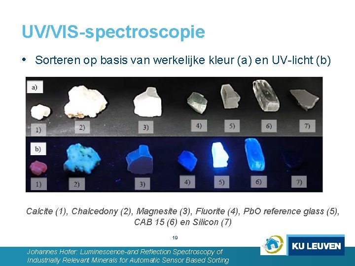 UV/VIS-spectroscopie • Sorteren op basis van werkelijke kleur (a) en UV-licht (b) Calcite (1),